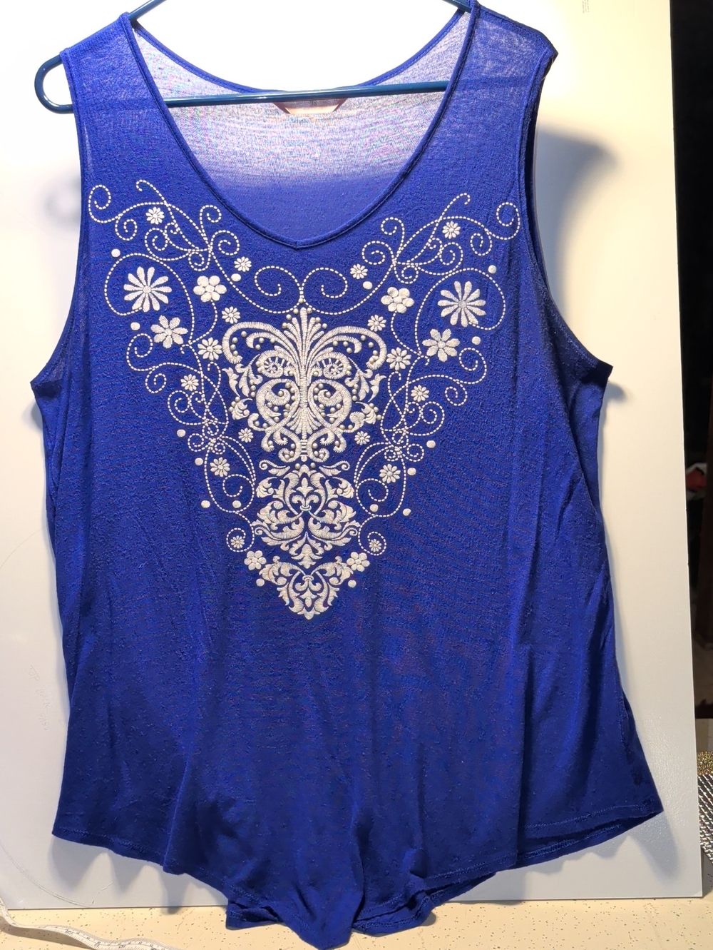 Women's SMS Large Tank Top Sequins  Embroidery Soft Floral Western Blue White